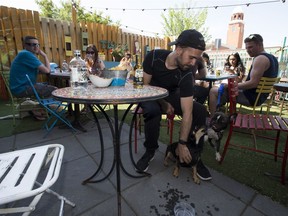 Morgan Gies watches his dog, Eugene, play with another dog on Friday, May 25, 2018 on the patio at El Cortez in Edmonton.The patios at El Cortez and Have Mercy in Old Strathcona have now got a special designation from Alberta Health to allow dogs on the patio.