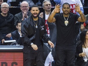 Drake watches the Toronto Raptors play the Cleveland Cavaliers at the Air Canada Centre in Toronto on May 1.