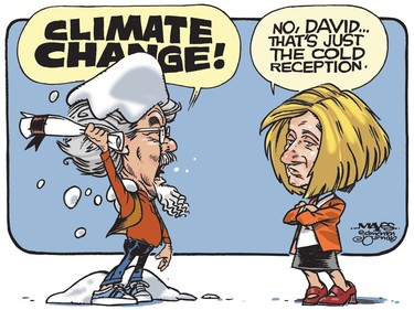 Honorary degree recipient, David Suzuki, gets a cold reception from Rachel Notley and Alberta. (Cartoon by Malcolm Mayes)
