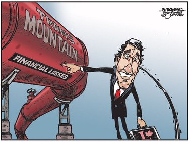 Justin Trudeau tries to plug financial losses of Kinder Morgan Trans Mountain pipeline. (Cartoon by Malcolm Mayes)