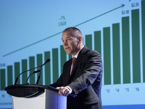 TransCanada Corp. president and CEO Russ Girling addresses the company's annual meeting in Calgary, Friday, April 27, 2018.