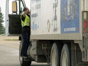 FILE - A peace officer inspects a vehicle at the Commercial Vehicle Inspection Station south of Edmonton on August 24, 2017.