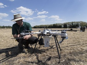 Drone pilot Jeremie Leonard from BioCarbon Engineering will be helping the Canadian Forest Service for the first Canadian trial of using drones to plant tree seeds. The drone will be used in northern Alberta to plant. Taken on Wednesday, May 23, 2018.