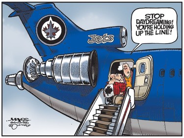 Traveling Winnipeg Jets fan daydreams about the Stanley Cup. (Cartoon by Malcolm Mayes)