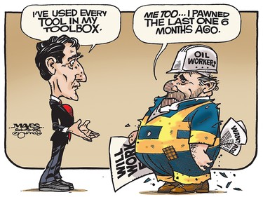 Both Justin Trudeau and Oil Worker use every tool in their toolbox. (Cartoon by Malcolm Mayes)