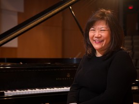 Former student of MacEwan University’s Conservatory of Music, Angela Cheng, seated at the Muttart Steinway donated to the conservatory 15 years ago in recognition of the Muttart Foundation’s golden anniversary. On Saturday, June 2, Angela will perform a recital on the nine-foot concert grand piano in celebration of the foundation’s 65th anniversary.