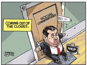 Editorial cartoonist Malcolm Mayes depicts   United Conservative Party Leader Jason Kenney trying to prevent social conservatives from coming out of the closet.