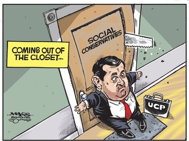 Editorial cartoonist Malcolm Mayes depicts   United Conservative Party Leader Jason Kenney trying to prevent social conservatives from coming out of the closet.