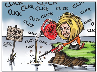 Rachel Notley attempts to use UCP policies to re-ignite the lake of fire. (Cartoon by Malcolm Mayes).
