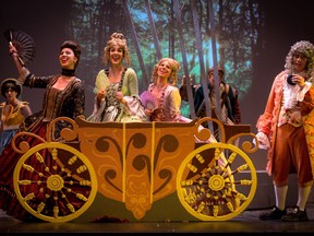 Cinderella's family coach in Opera Nuova's new production of Sondheim's Into the Woods, which opened at Sherwood Park's Festival Place on Sunday June 24, and runs until Saturday June 30. From left to right: Rebecca Cuddy (the Baker's Wife), Sarah Kaye Klapman (Cinderella's Step Mother), Dominie Boutin (Lucinda), Michaela Chiste (Florinda), Paul Forget (the Baker), and Jean van der Merwe.