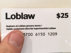 A $25 Loblaw gift card is shown in Oakville, Ont., Thursday, March 8, 2018. The federal privacy commission has asked Loblaw Companies Ltd. for more information following reports some customers have been asked for additional personal information to secure a $25 gift card related to the alleged bread price-fixing scandal.
