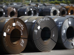 Steel coils lay in a yard at the ArcelorMittal Dofasco steel plant in Hamilton, Ont.