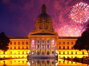 Canada Day fireworks are visible above  the legislature grounds in Edmonton on July 1, 2017.