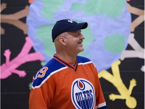 Oilers alumni Norm Lacombe takes part in a game day pep rally at Belmont School, 3310 132A Ave., Wednesday May 10, 2017.