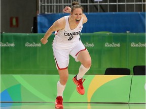 Kim Gaucher of Canada reacts after scoring against Serbia during the women's basketball game on Day 3 of the Rio 2016 Olympic Games at the Youth Arena on August 8, 2016 in Rio de Janeiro, Brazil.