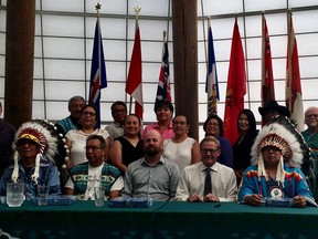 The Alberta government and four First Nations chiefs signed an agreement Wednesday to support education in Maskwacis.  Front L-R; Ermineskin Cree Nation Chief Craig Makinaw, Montana First Nation Chief Leonard Standingontheroad, Maskwacis education commission vice-chair Mario Swampy, Education Minister David Eggen, Louis Bull Tribe Chief Irvin Bull  Back L-R: Bruce Hinkley, MLA for Wetaskiwin-Camrose and education commission board members