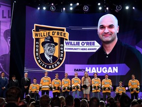 Christina Haugan accepts the Willie O'Ree Community Hero Award given to an individual who through the game of hockey has positively impacted his or her community, society or culture, given to her late husband Darcy Haugan who was the coach of the Humboldt Broncos onstage at the 2018 NHL Awards on June 20, 2018, in Las Vegas, Nevada.
