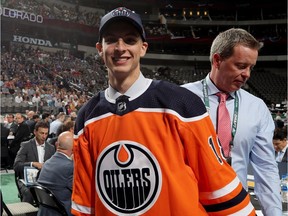 Olivier Rodrigue reacts after being selected 62nd overall by the Edmonton Oilers during the 2018 NHL Draft at American Airlines Center on June 23, 2018 in Dallas, Texas.