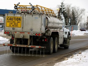 A City of Edmonton truck applies a calcium chloride anti-icing solution to the road in February 2018.