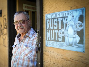 Bugs Ross, 79, was badly beaten when he encountered thieves trying to steal vehicles from the shop on his rural property east of Rocky Mountain House in January of 2018. He was photographed in his shop on Tuesday June 12, 2018. Gavin Young/Postmedia