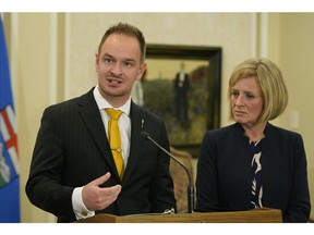 Calgary-Currie MLA Brian Malkinson, left, was named Service Alberta minister by Alberta Premier Rachel Notley at a swearing-in ceremony in Government House in Edmonton on Monday June 18, 2018 after a cabinet shuffle.