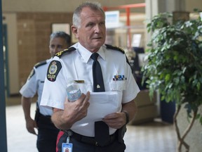 Edmonton police Chief Rod Knecht arrives at a  news conference on Wednesday, June 27, 2018 to respond to an Edmonton Police Commission-funded report on street checks in Edmonton.