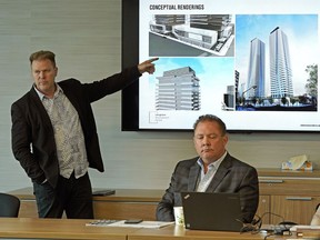 Architects Stephen Boyd, left, and Brad Kennedy give a presentation on Tuesday June 12, 2018 to the Edmonton Design Committee about Langham Developments' proposed high-rise residential project at 100 Avenue and 104 Street in downtown Edmonton.