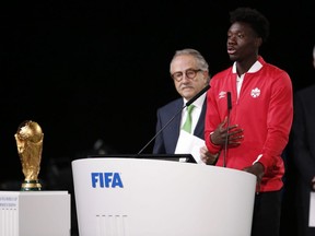 Edmontonian Alphonso Davies of Canada speaks at the FIFA congress on the eve of the opener of the 2018 soccer World Cup in Moscow, Russia, Wednesday, June 13, 2018. The congress in Moscow is set to choose the host or hosts for the 2026 World Cup.