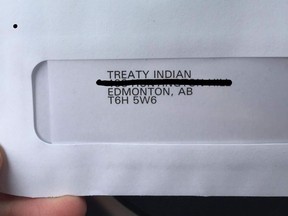 Alberta's privacy watchdog is investigating after an Indigenous teen received an Alberta Health Services letter addressed to "Treaty Indian" in April. (Dawn Marie/Twitter)