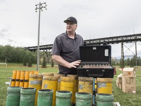 Brad Dezotell from Fireworks Spectaculars showed the control box for the fireworks being launched at Kinsmen Park on June 30, 2018 for Canada Day.  Shaughn Butts / Postmedia For a Dustin Cook story running July 1, 2018.