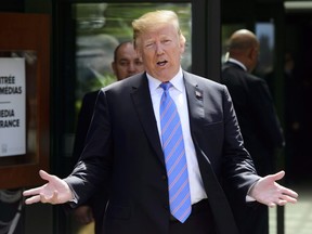 U.S. President Donald Trump leaves the G7 Leaders Summit in La Malbaie, Que., on Saturday, June 9, 2018.