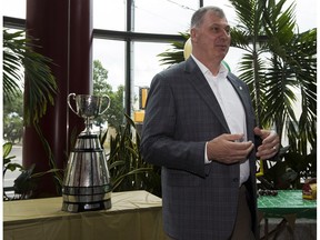 CFL Commissioner Randy Ambrosie talks about the 2018 Grey Cup to a group of people at Postmedia on Thursday, May 31, 2018 in Edmonton.