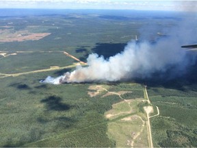 An out-of-control wildfire was blazing 15 km southeast of Hinton on Wednesday, June 27, 2018.