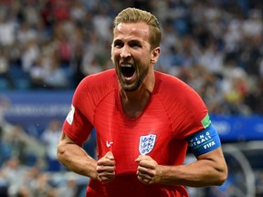 Harry Kane of England celebrates after scoring his team's second goal during the 2018 FIFA World Cup Russia group G match between Tunisia and England at Volgograd Arena on June 18, 2018 in Volgograd, Russia.