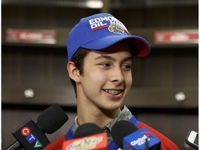 First overall Batman draft pick Dylan Guenther is interviewed during an Edmonton Oil Kings press conference at Rogers Place in Edmonton, on Thursday, May 10, 2018.