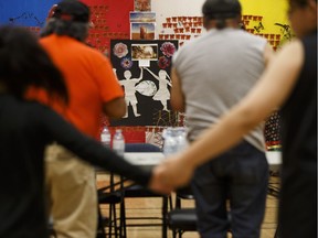 A memorial for Serenity and other lost children is seen as dancers circle Cree singers during the 11th and final Blanket of Remembrance Round Dance at Edmonton Intercultural Centre in Edmonton, on Friday, May 18, 2018.