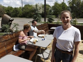 Chef Kelsey Johnson on Cafe Linnea's new patio, which she built with her family members.