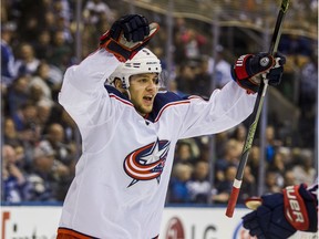 Columbus Blue Jackets Artemi Panarin celebrates an overtime goal against the Toronto Maple Leafs  at the Air Canada Centre in Toronto on Monday January 8, 2018.