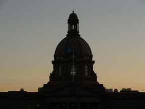 The Alberta legislature at sunset.