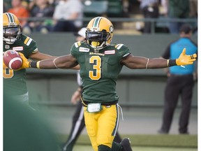 Natey Adjei (3) of the Edmonton Eskimos, celebrates his first half touchdown against the B.C. Lions on June 29, 2018 at Commonwealth Stadium in Edmonton.