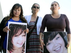 Brittany Boucher (left) and Alannah Boucher (right), sisters of Mandi Boucher, and Delia Boucher (middle), great aunt of Mandi Boucher, appeal to the public for help in the disappearance of Mandi Boucher (26-years-old), who has been missing since October 28, 2017. The family made the public appeal outside the Claireview Recreation Centre in Edmonton on June 20, 2018.