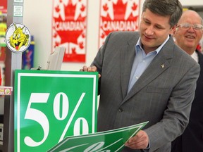 Ottawa-06/30/06-L2R Prime Minister of Canada, Stephen Harper uses a sign to show a future 1 percent cut to the Goods and Services Tax (GST) at a Giant Tiger department store, on Friday June 30, 2006. The tax cut takes effect on July 1, 2006. File photo.