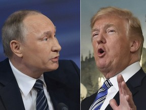 This combination of pictures created on March 26, 2018 shows Russian President Vladimir Putin(L) during his annual press conference in Moscow on December 17, 2015, and US President Donald Trump speaks about the spending bill during a press conference in the  at the White House on March 23, 2018.