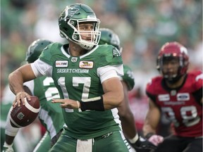 Saskatchewan Roughriders quarterback Zach Collaros attempts a pass against the Calgary Stampeders in CFL pre-season action in Regina.