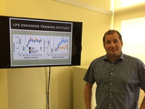 University of Alberta rehabilitation medicine professor Karim Fouad shows a chart highlighting the success rate of training for the injured rats that received the inflammation compared to the controlled subjects.