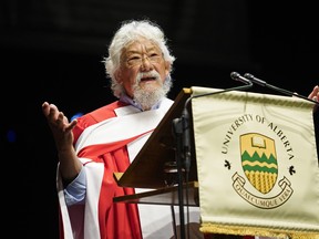 David Suzuki speaks to the graduating class after receiving an honorary degree from the University of Alberta on Thursday June 7, 2018 during the university spring convocation ceremonies at the Northern Alberta Jubilee Auditorium in Edmonton. Suzuki was recognized for his lifetime achievement in promoting science literacy and education, and received an honorary doctor of science degree. (PHOTO BY LARRY WONG/POSTMEDIA)