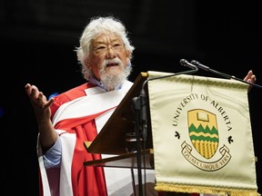 David Suzuki speaks to the graduating class after receiving an honorary degree from the University of Alberta on Thursday June 7, 2018 during the university spring convocation ceremonies at the Northern Alberta Jubilee Auditorium in Edmonton. Suzuki was recognized for his lifetime achievement in promoting science literacy and education, and received an honorary doctor of science degree.
