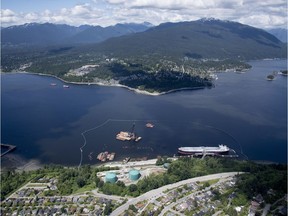 An aerial view of Kinder Morgan's Trans Mountain marine terminal, in Burnaby, B.C., on Tuesday, May 29, 2018.
