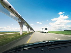 An artist conception of the 1,000 km/h hyperloop duorail link between Calgary and Edmonton by TransPod on Highway2 in Alberta