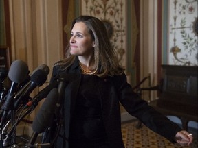 Canadian Minister of Foreign Affairs Chrystia Freeland speaks with reporters after meeting with the U.S. Senate Foreign Relations Committee at the Capitol in Washington, Wednesday, June 13, 2018.